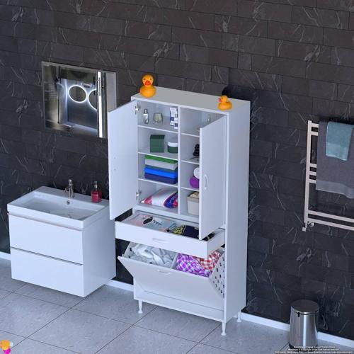 YENİ AFRA 75x173x32,5 cm' lik 1 Çekmece, 2 Göz Sepet, 2 Kapak, 8 Raf Dar Alan Banyo Dolabı