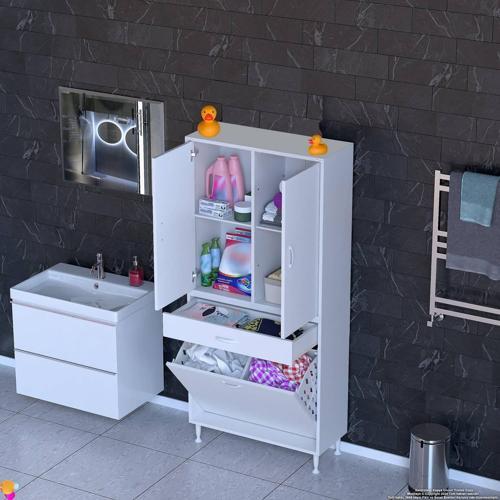 YENİ AFRA 80x173x32,5 cm' lik 1 Çekmece, 2 Göz Sepet, 2 Kapak, 4 Raf Dar Alan Banyo Dolabı