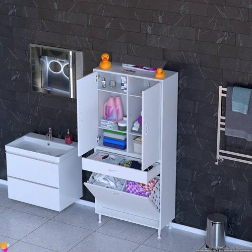 YENİ AFRA 85x173x32,5 cm' lik 1 Çekmece, 2 Göz Sepet, 2 Kapak, 6 Raf Dar Alan Banyo Dolabı
