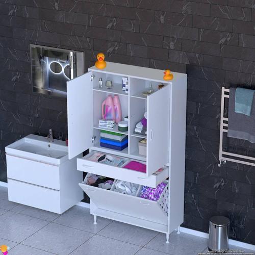 YENİ AFRA 90x173x32,5 cm' lik 1 Çekmece, 3 Göz Sepet, 2 Kapak, 6 Raf Dar Alan Banyo Dolabı