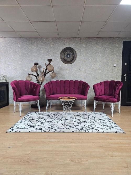 Beyaz Boyalı Tel Ayak Papatya Çay Seti Koltuk Takımı , Balkon, Salon, Ofis, Cafe Koltuk Takımı BORDO Renk Tek Ebat Beden