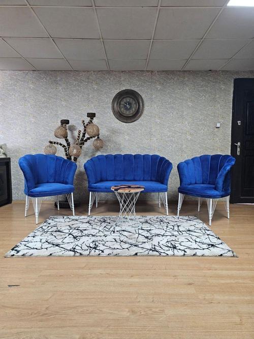 Beyaz Boyalı Tel Ayak Papatya Çay Seti Koltuk Takımı , Balkon, Salon, Ofis, Cafe Koltuk Takımı MAVİ Renk Tek Ebat Beden