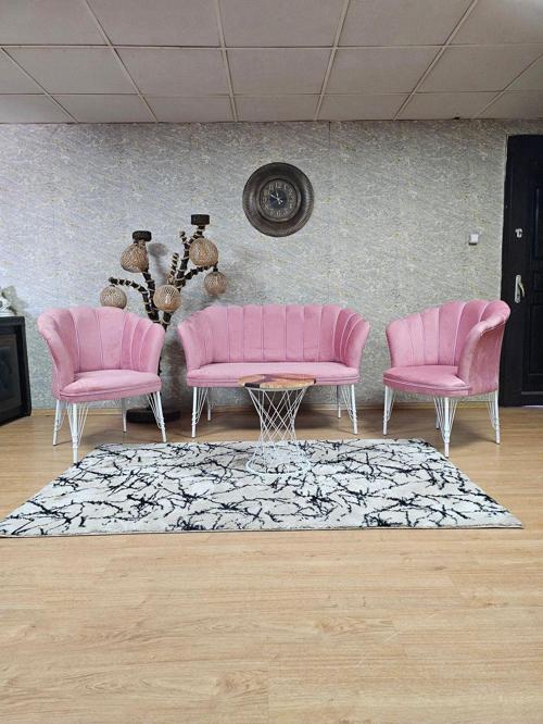 Beyaz Boyalı Tel Ayak Papatya Çay Seti Koltuk Takımı , Balkon, Salon, Ofis, Cafe Koltuk Takımı PEMBE Renk Tek Ebat Beden
