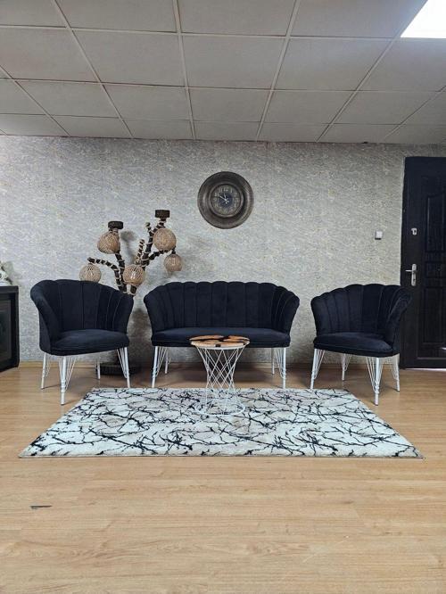 Beyaz Boyalı Tel Ayak Papatya Çay Seti Koltuk Takımı , Balkon, Salon, Ofis, Cafe Koltuk Takımı SİYAH Renk Tek Ebat Beden