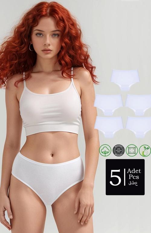 Yüksek Bel Pamuklu 5'Li Paket Bato Külot Beyaz