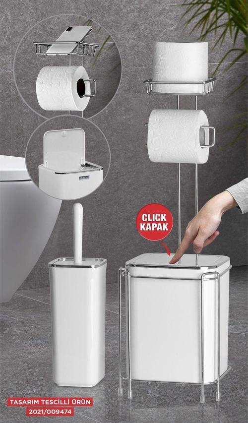 Krom Yedekli Wc Kağıtlık - Beyaz Çöp Kovası Ve Wc Fırça Seti