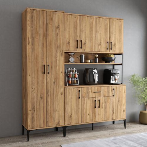 MDL0602 Alt Üst Çift Kapılı Çok Amaçlı Dolap 8 Kapaklı Çekmeceli Raflı Çam