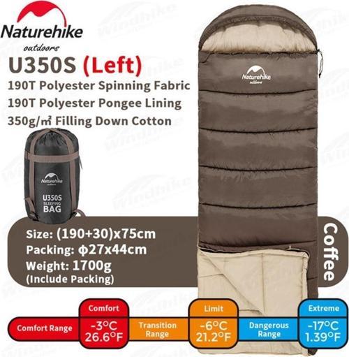 U350S Zarf Tarzı Kapüşonlu Uyku Tulumu -17°C KAHVERENGİ-Left