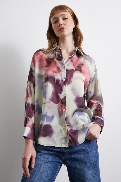 Batik Desen Saten Gömlek Lila