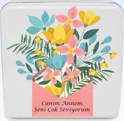 Zarf Içinden Çıkan Çiçek Desenli Anneler Günü Uv Baskılı Kare Metal Kutu