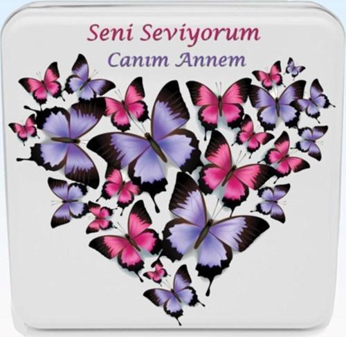 Uv Baskılı Kare Metal Kutu Pembe Mor Kelebek Desenli Anneler Günü