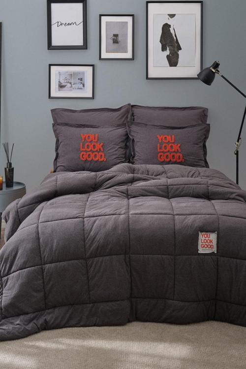 Home Motto Cotton Comfort Çift Kişilik Antrasit Uyku Seti