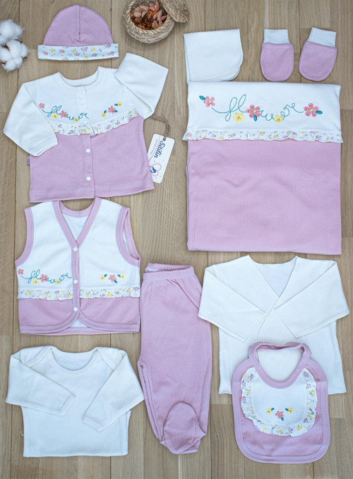 Kız Bebek Natural Pembe İşlemeli süslü Lüks 10 Lu Hastane Çıkışı Set STL6065