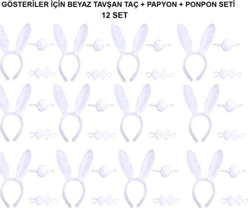 parti parti aksesuar & kostüm Beyaz Tavşan Kostüm Seti – Taç, Papyon, Kuyruk (12’li Paket)