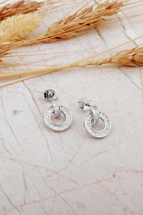 Baget Taşlı Halka Rodyumlu Gümüş Küpe 7342