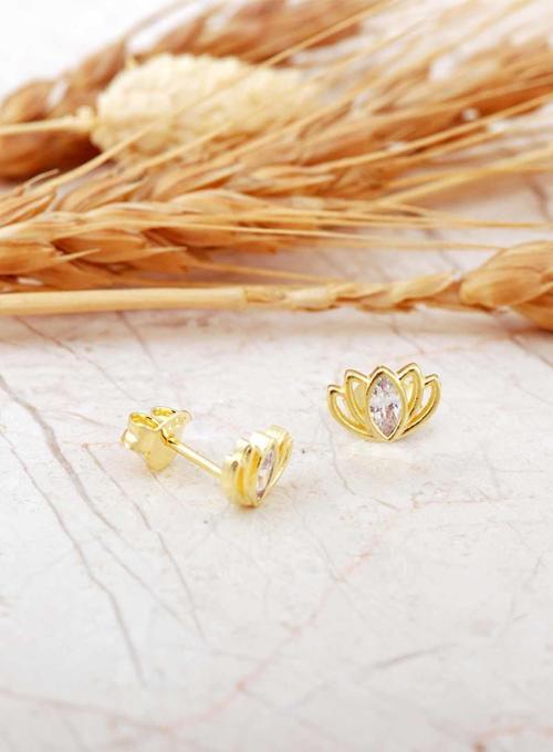 Lotus Çiçeği Altın Kaplama Mini Gümüş Küpe 7346