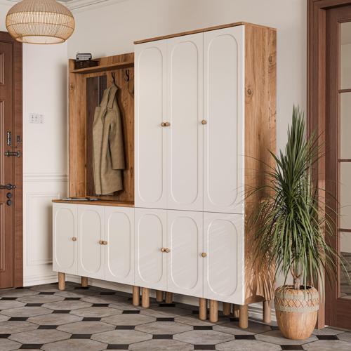 SET 5090-5094-5093 Roma Sol Aynalı 9 Kapaklı (MEMBRAN) 9 Askılı Raflı Bohem Portmanto Atlantik Çam