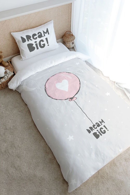 Tek Kişilik Nevresim Takımı (160X220) - Pure Baby Serisi - Pembe Kalpli Balon
