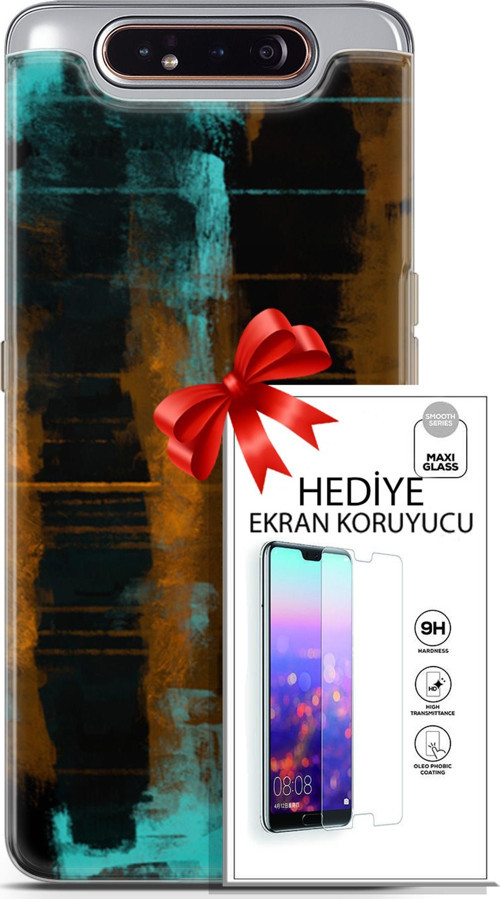 Samsung Galaxy A80 Kılıf Orijinal Seri Nature 05 Turkuaz Siyah Koruma Kılıfı + Ekran Koruyucu