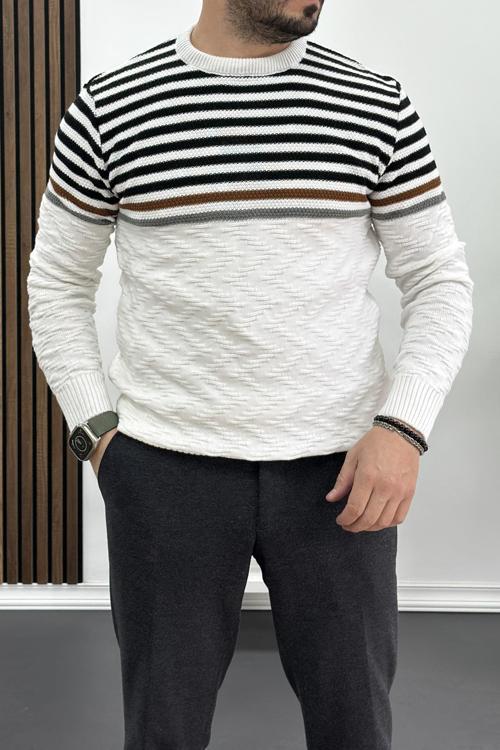 Erkek Çizgili Bisiklet Yaka Slim Fit Triko Kazak Beyaz Edw019