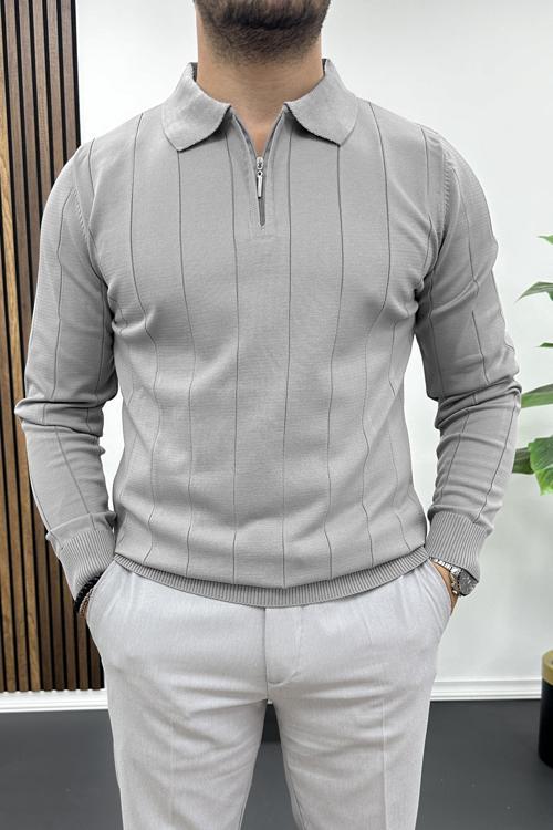 Erkek Yarım Fermuarlı Polo Yaka Mevsimlik Kazak Gri Edw195