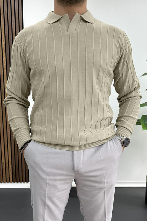 Erkek Polo Yaka Desenli Kazak Bej Edw211