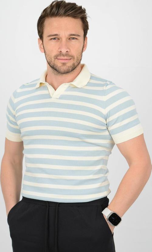 Erkek Slim Fit Çizgili Yakalı Triko Tişört Mavi Edw080