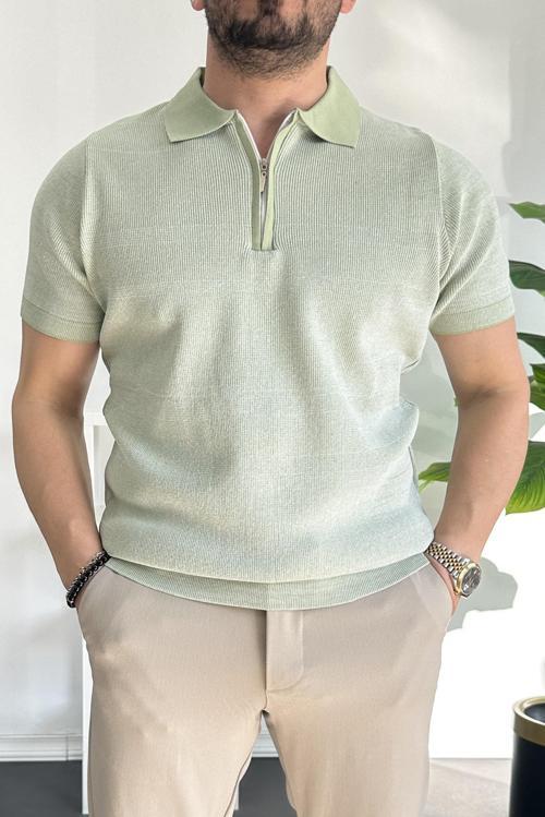 Erkek Polo Yaka Fermuarlı Renk Desenli Tişört Su Yeşili Edw263