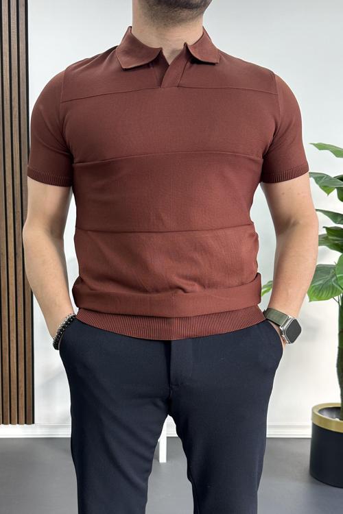 Erkek Açık Yaka Bloklu Tişört Kiremit Edw237