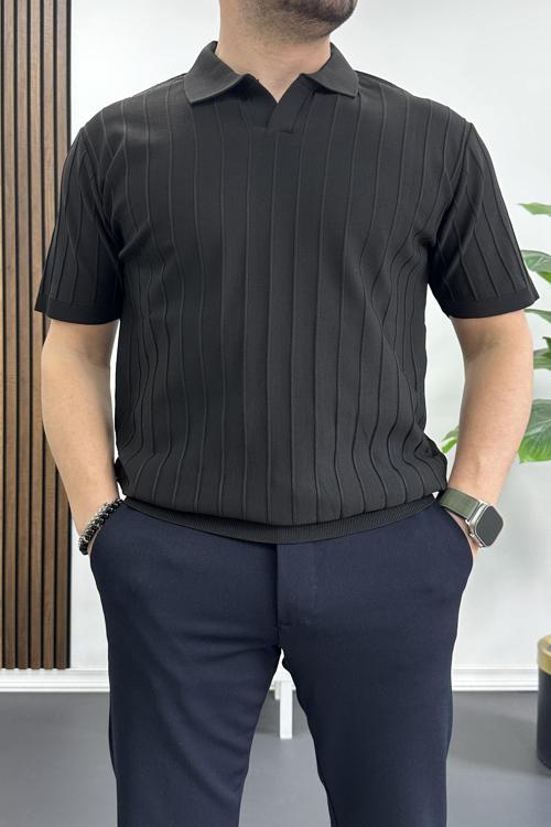 Erkek Açık Yaka Desenli Tişört Siyah Edw238