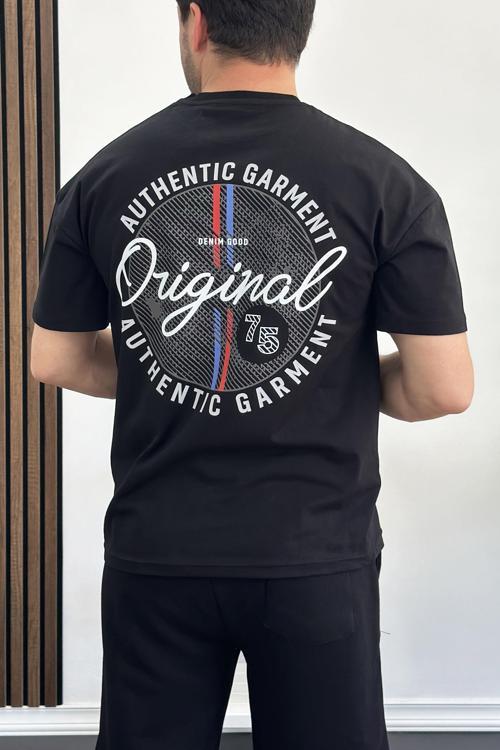 Erkek Oversize %100 Pamuk Sırt Baskılı T-shirt Siyah Edw160