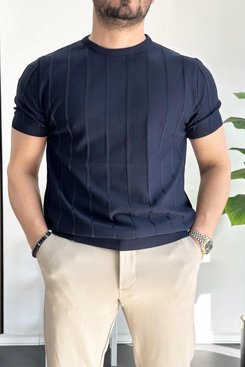 Erkek Bisiklet Yaka Desenli Tişört Lacivert Edw260