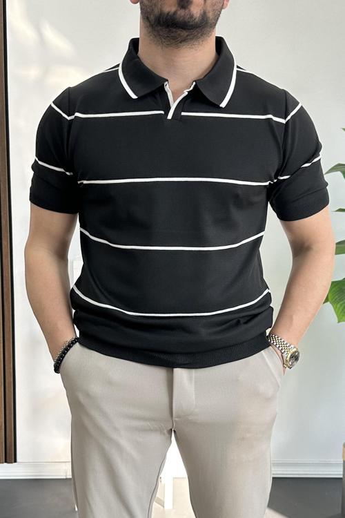 Erkek Açık Yaka Yan Çizgili Tişört Siyah Edw259