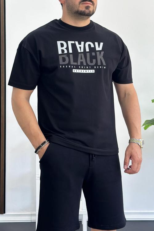 Erkek Oversize %100 Pamuk Baskılı T-shirt Siyah Edw157