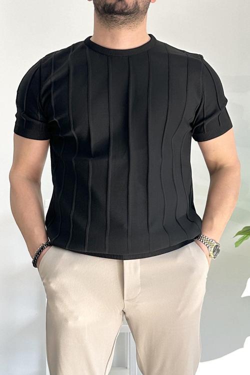Erkek Bisiklet Yaka Desenli Tişört Siyah Edw260