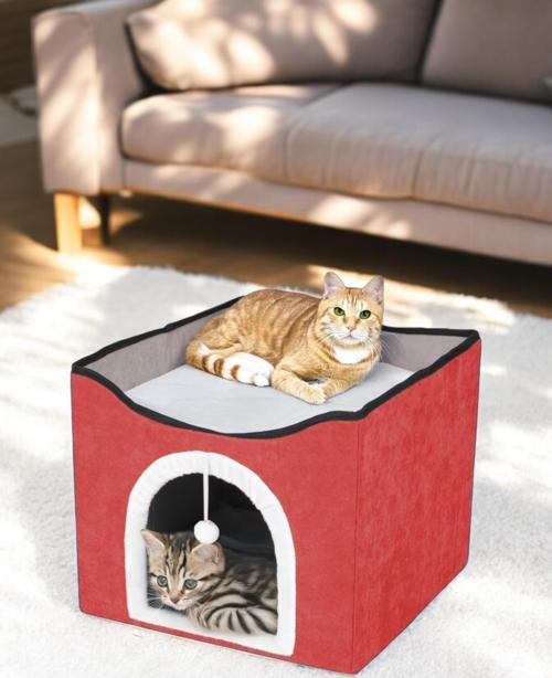 SeviTİNEmli Katlanır Taşınabilir Kapalı Kedi Evi Yatağı Çok Fonksiyonlu Kırmızı