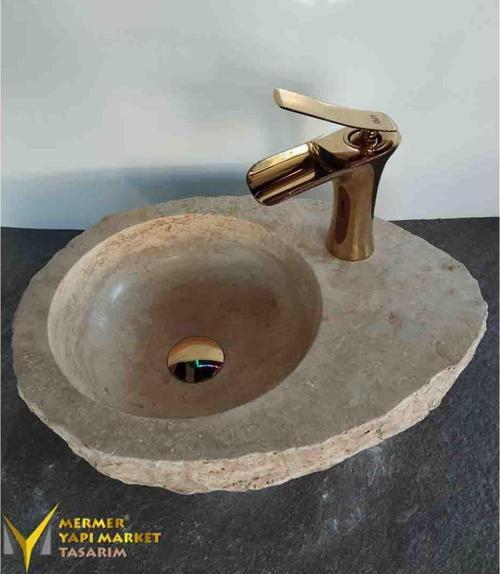 Traverten Batarya Çıkışlı Mini Kütük Lavabo