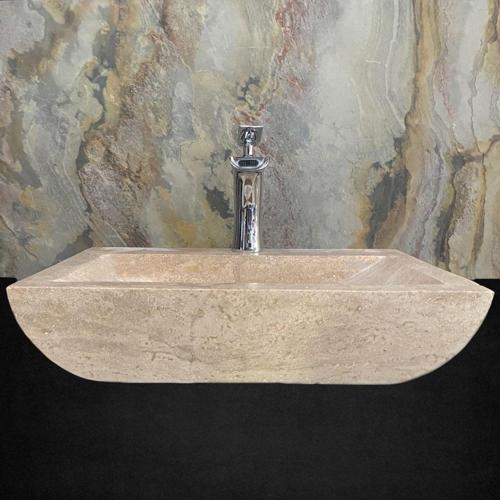 Traverten Batarya Çıkışlı Kalın Kenar Yay Model Lavabo