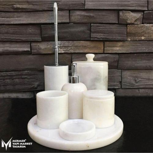 Beyaz Mermer Krom Aparatlı 7'Li Banyo Seti