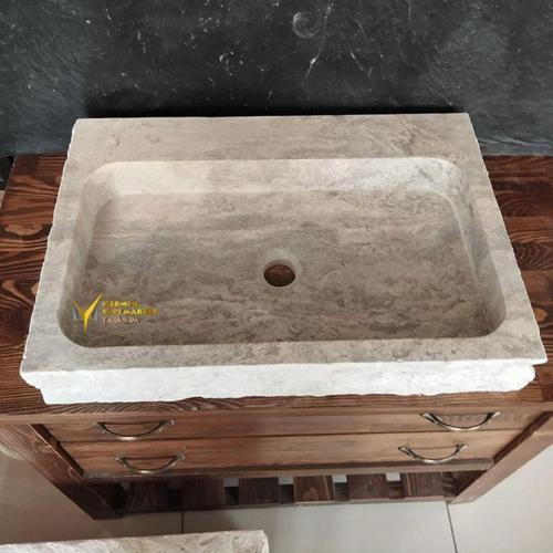 Gümüş Traverten Natural Patlatma Köşeli Lavabo