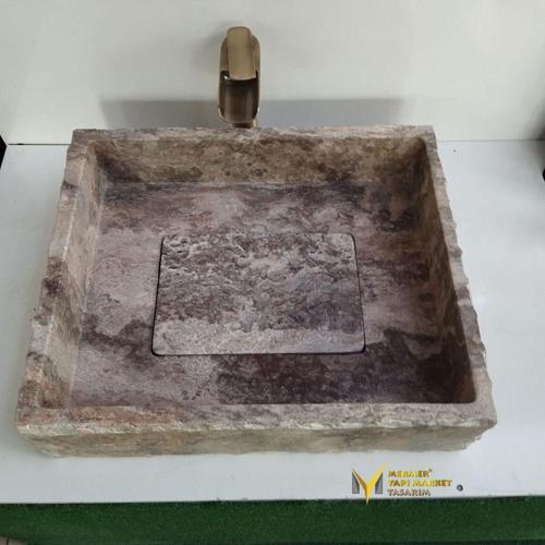 Gümüş Traverten Gizli Giderli Tasarım Lavabo