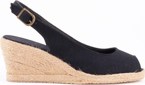 Gerçek Elişi Burnu Açık Arkası Bantlı Dolgu Topuk Siyah Keten Hasır Espadril Handmade