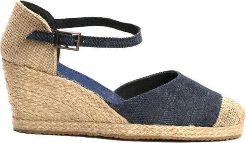 Gerçek Elişi Burnu Hasır Dolgu Topuk Kot Mavi Keten Hasır Espadril Handmade