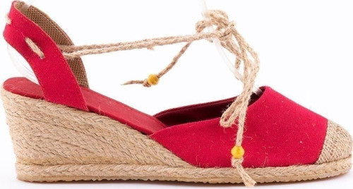 Gerçek Elişi Bilekten Bağcıklı Topuğu Açık Dolgu Topuk Kırmızı Keten Hasır Espadril Handmade