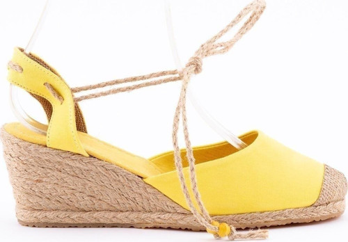Gerçek Elişi Bilekten Bağcıklı Topuğu Açık Dolgu Topuk Sarı Keten Hasır Espadril Handmade