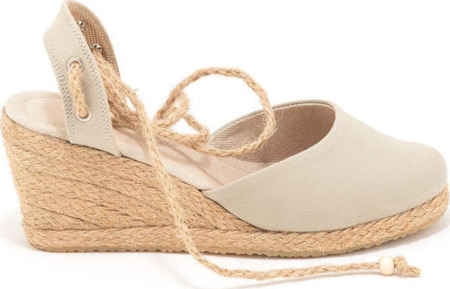 Gerçek Elişi Topuğu Açık Bilekten Bağlamalı Bej Dolgu Topuk Keten Hasır Espadril Handmade