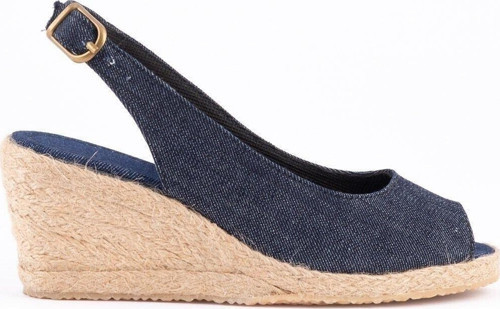 Gerçek Elişi Burnu Açık Arkası Bantlı Dolgu Topuk Kot Mavi Keten Hasır Espadril Handmade
