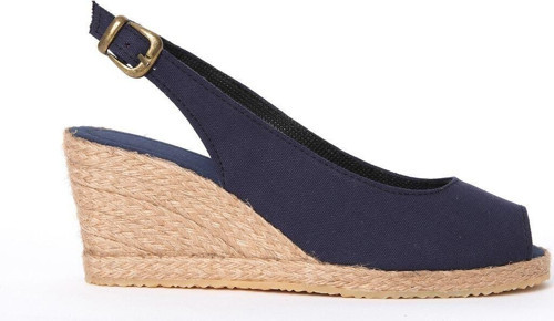 Gerçek Elişi Burnu Açık Arkası Bantlı Dolgu Topuk Lacivert Keten Hasır Espadril Handmade