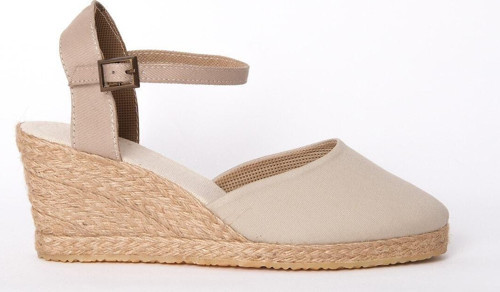Gerçek Elişi Topuğu Açık Bilekten Bantlı Dolgu Topuk Bej Keten Hasır Espadril Handmade