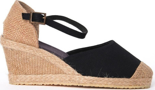 Gerçek Elişi Siyah Bilekten Bantlı Topuğu Açık Keten Espadril Dolgu Topuk Handmade